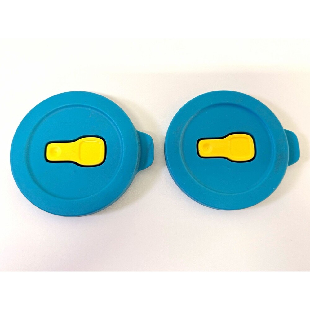 Tupperware Round Snap Lids Blue & Yellow Set of 2 Plastic Lids